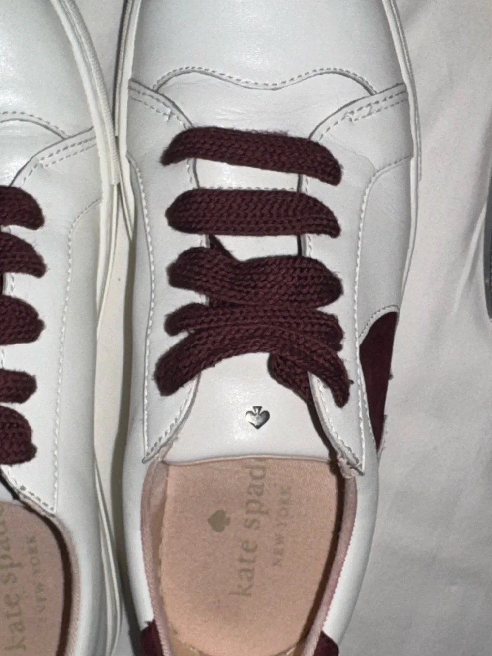 Kate Spade New York Fez White Leather Ace Suede Sneakers Burgundy Accent Sz 10B